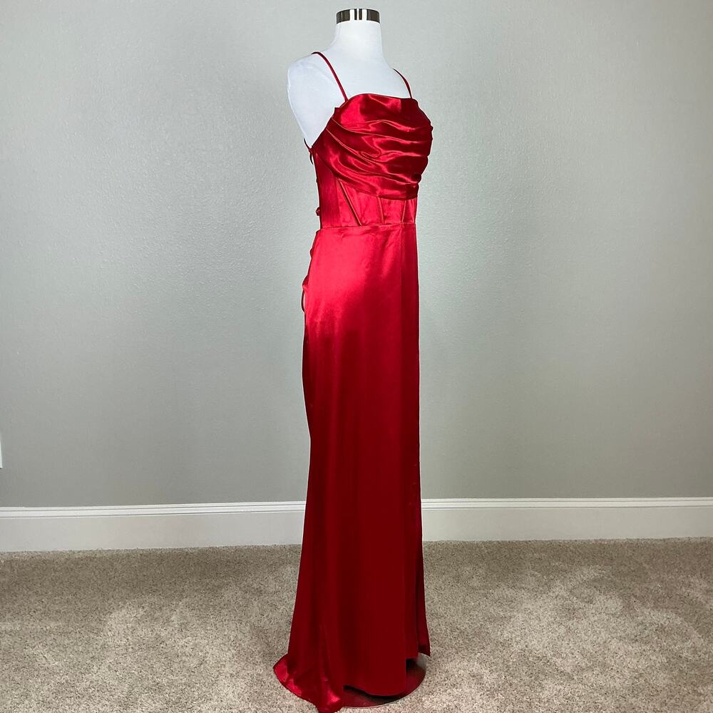 Blondie Nites Red Evening Gown Satin Backless Long Formal Column Dress Size 13 - Picture 4 of 12
